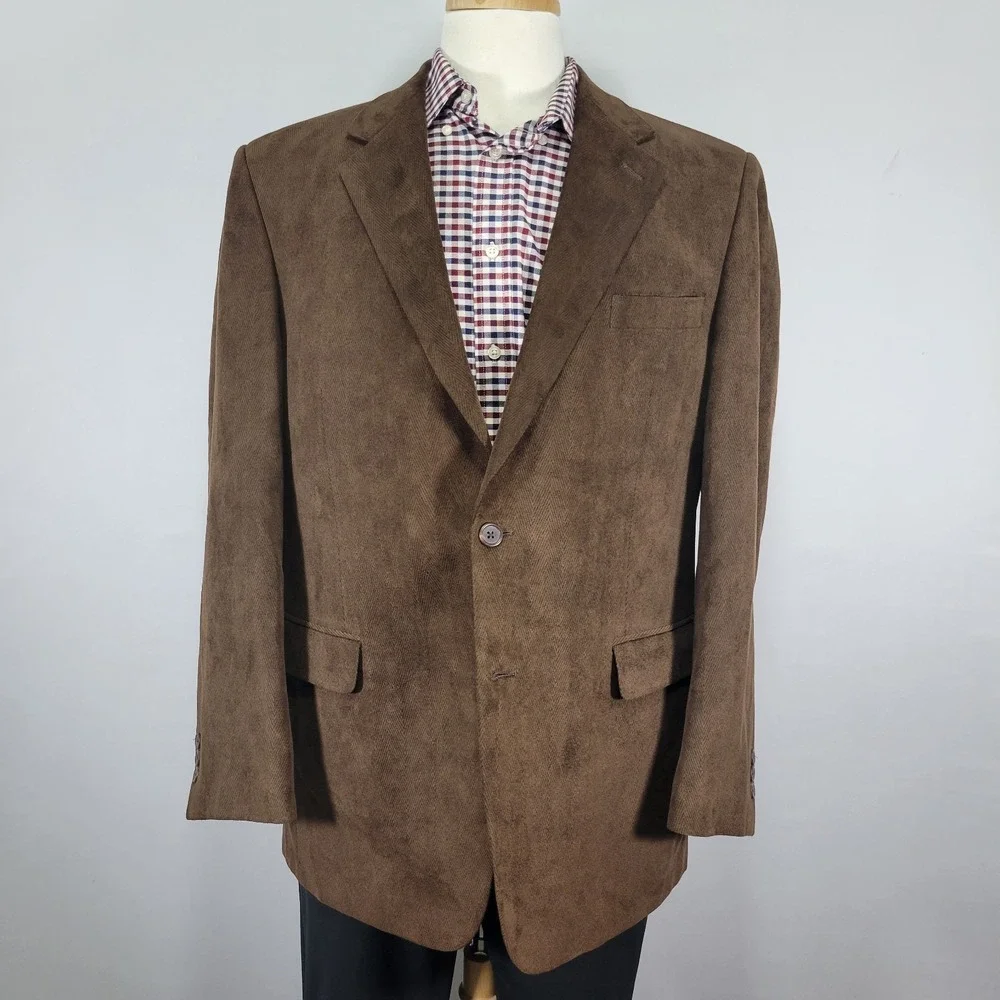 Alan Flusser Men's Sport Coat Blazer Brown Herringbone Corduroy Polyester 44R‎